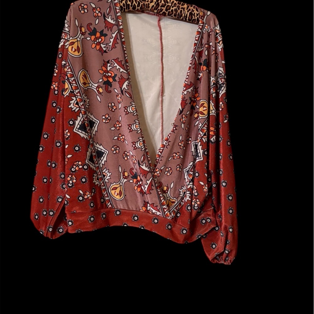 Velour Red and Brown Patterned Blouse deep V neck faux wrap
